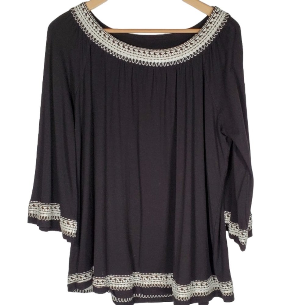 INC International Concepts Tunic Style top black Oversized Embroidery 0X